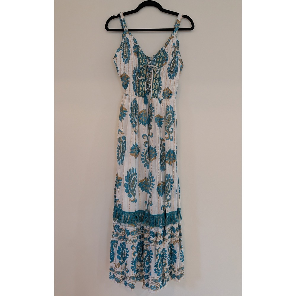 ME 2 Magic Medium Boho Paisley Metallic Lurex Sequined Fringe Maxi Dress Teal